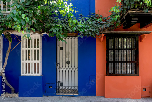 Typical houses with picturesque facades in the city Cartagena, Colombia.