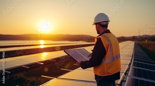 An young engineer is checking with tablet an operation of sun and cleanliness on field of photovoltaic solar panels on a sunset. Concept:renewable energy,