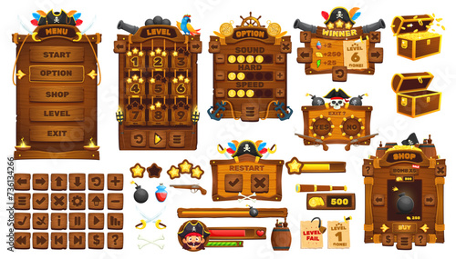 Pirates and corsairs game UI interface, game buttons and GUI elements, vector assets. Pirate cannons and bombs, treasure chest and gold coins, arcade game menu buttons and controls of level options