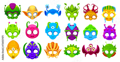 Photo booth space alien masks and props for kids party or avatars, vector cartoon faces. Alien creatures, extraterrestrial monsters and galactic humanoid mutants with funny happy slugs for photo booth