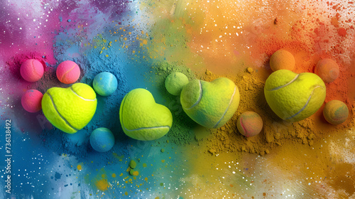 Heart-Shape tennis balls on abstract colorful dust Background, love to tournaments and competitions, activity, Wimbledon, sport