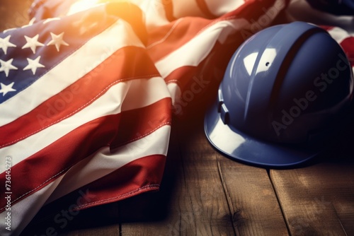 A hard hat and an American flag displayed on a table. Perfect for construction or patriotic themes