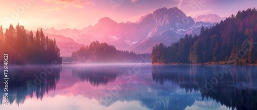 Calm morning view of Fusine lake. Colorful summer sunrise in Julian Alps with Mangart peak on background, Province of Udine, Italy, Europe. Beauty of nature concept background
