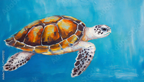 Oil painting of a sea turtle on pure blue background canvas, copyspace on a side