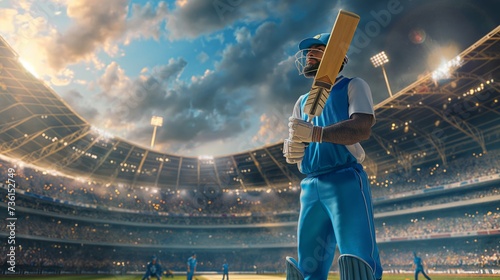 Man, cricket batsman in uniform standing with bat on open air professional cricket stadium. Sport event