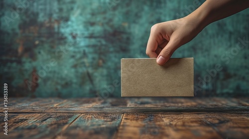 Brief description: A hand throwing a ballot into a ballot box against the backdrop of a light interior. Concept: Close-up of the election process. political voters