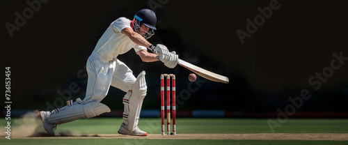 Cricket player in white uniform in motion, playing, hitting ball with bat on cricket field.