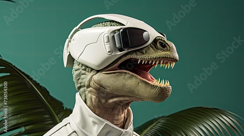 close-up minimalist photo of dinosaur wearing white vr headset, troubadour style, white and olive colors