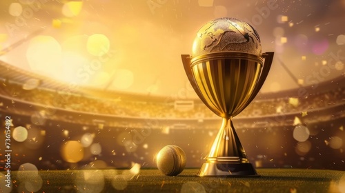 Golden cricket world cup trophy and ball on pitch with stadium background. Award ceremony graphics for international cricket competitions.
