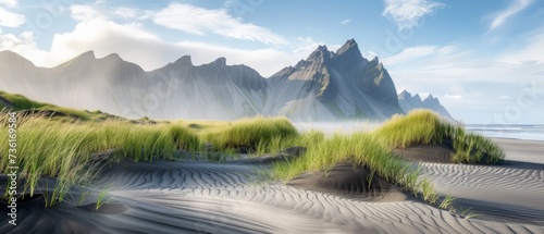 Sand dunes on the Stokksnes on southeastern Icelandic coast with Vestrahorn (Batman Mountain). Iceland, Europe