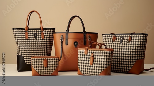 A timeless houndstooth tote bag for women, impeccable craftsmanship, and a leather trim, mockup, set against a matte clay backdrop
