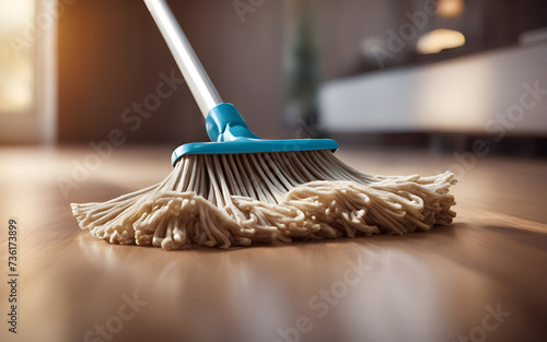 Closeup on a Mop in Sunlit Room, Cleaning Wooden Floor concept