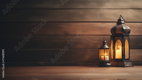 Islamic lantern with candle on wooden table with copy space. Ramadan lantern on table