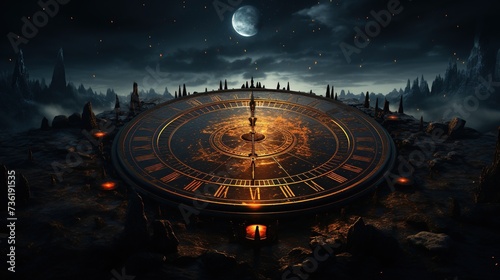 Huge dark runic alarm clock with light effects on space background. Infinity of time concept. 3D illustration. 