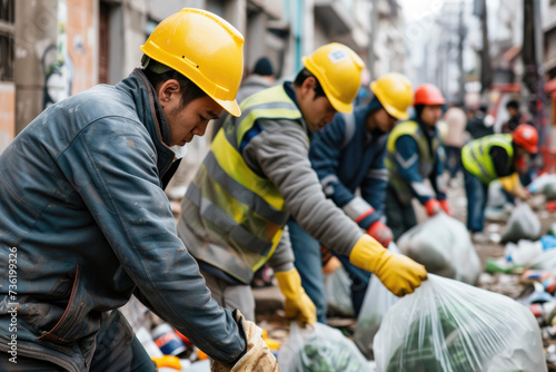 workers wearing hard hats, protective vests and gloves separating and picking up plastic bags of garbage cleaning up the polluted city