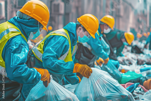 workers wearing hard hats, protective vests and gloves separating and picking up plastic bags of garbage cleaning up the polluted city