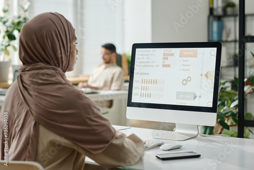 Young Muslim businesswoman in hijab sitting by desk in front of computer screen with statistic data and analyzing it against male coworker