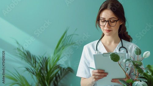 Woman in Healthcare. Portrait of an Female Doctor or Nurse in a White Uniform with Stethoscope and Clipboard Standing Next to Plants on Mint Background. Providing Medical Care Idea.