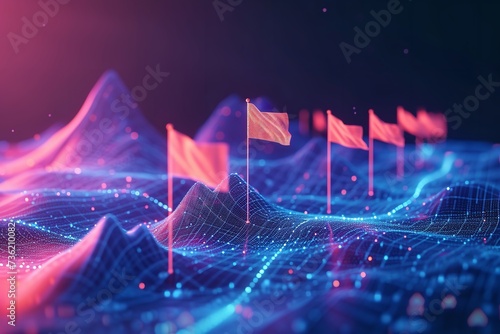 Abstract digital mountain with flags a concept of technological connections, Generative AI.