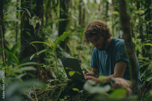 Botanist Man working on a laptop computer in the forest researching nature
