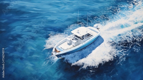 an aerial view of a motorboat on the water