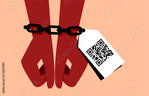 Human trafficking and hand chained with android barcode tag illustration