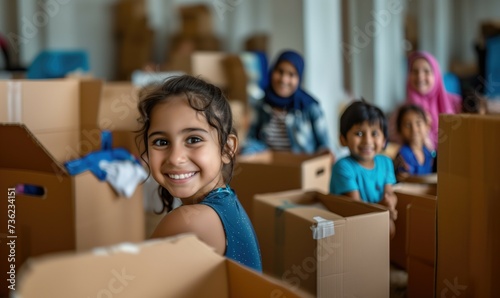 Cheerful big family upacking cardboxes after relocation to their new house with a girl and her brother and sister with mother smiling at camera as real estate sale concept