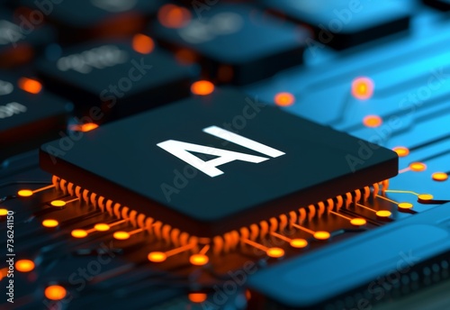 close up of computer circuit board with processor and the letters AI 