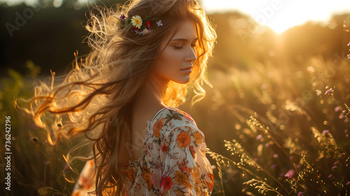 A young woman in bohemian fashion, wearing a flowy floral maxi dress, standing barefoot in a sunny meadow with flowers in her long loose hair.