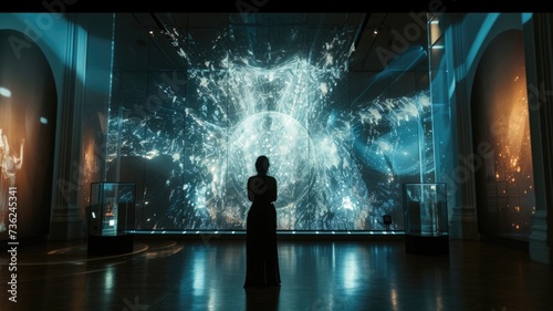 Visitor admiring vibrant digital art projection in a modern gallery setting.