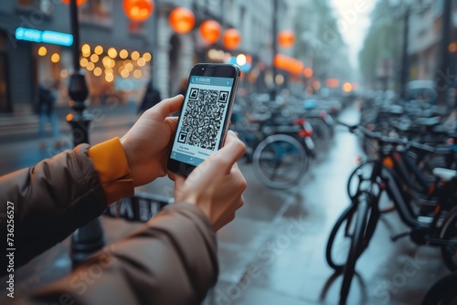 Businessman doing bike rent in smartphone with a big empty space for text and blurry backdrop, Generative AI.