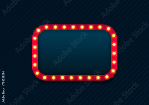 Retro rectangle bulb frame. Lightbox billboard with empty place for text isolated on dark background. Banner space for advertisement, promotion and text. Vector illustration