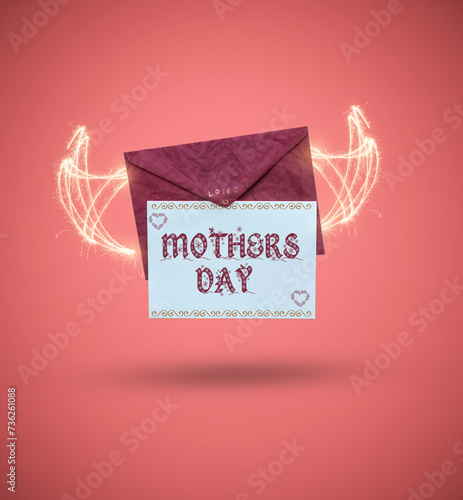 Mothers day Red envelope with card isolated In Pink Background . Mail Icon . Wedding Card PNG. Paper pang . envelope with stamp