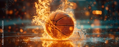 Fiery basketball soars towards hoop leaving blazing trail in its wake. Concept Fiery Basketball, Blazing Trail, Soaring Towards Hoop, Sports Photography