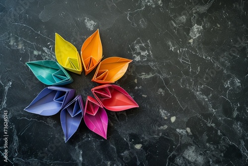 A vibrant flower origami on black marble with rainbow hues