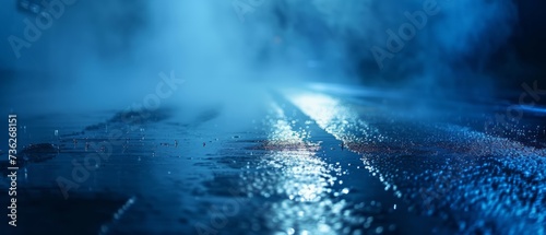 Dark street, wet asphalt, reflections of rays in the water. Abstract dark blue background, smoke, smog
