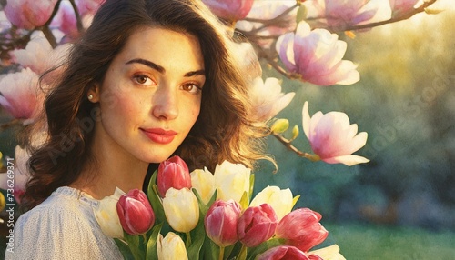 Portret młodej kobiety z bukietem tulipanów. W tle kwitnące drzewo magnolii. Dzień kobiet, wiosenne tło