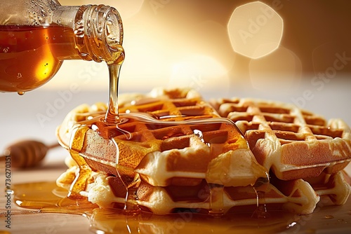 Golden Morning Delight A Close-Up View of Delicious Waffles Drizzled with Amber Maple Syrup, Illuminated by the Warm Glow of Sunrise