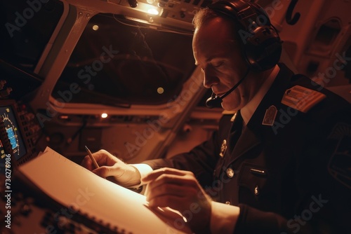 Airline pilot in uniform with notepad writing inside plane wearing epaulettes and headset
