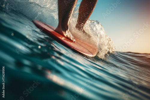 Generative ai photography of happy sporty person professional surfer swimming on surfboard on sea waves