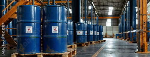 200 liter blue drums containing liquid chemical on wooden pallets in a warehouse, ready for customer dispatch. Concept of chemical manufacturing and industrial logistics