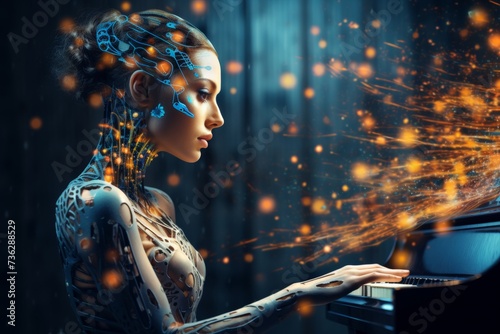 Artificial Intelligence in Music Composition. AI musical staff where notes are being arranged by hands, symbolising AI involvement in music composition and creation