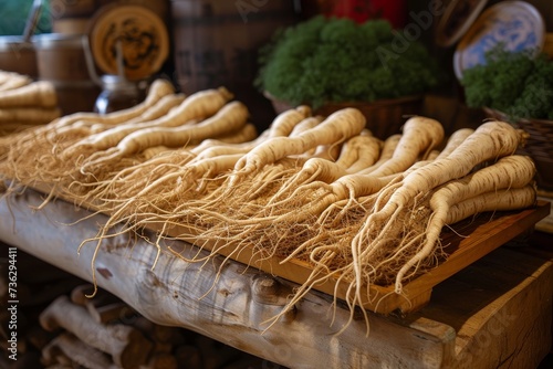 Stacked ginseng roots on wooden tray known for health benefits