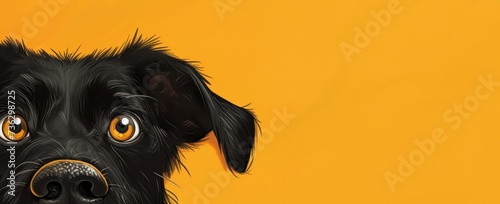 La tête d'un chien noir sur un fond jaune uni, image avec espace pour texte.