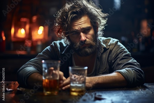 Sad man drinking whiskey and thinking. Having problems, drowning sorrows in alcohol.