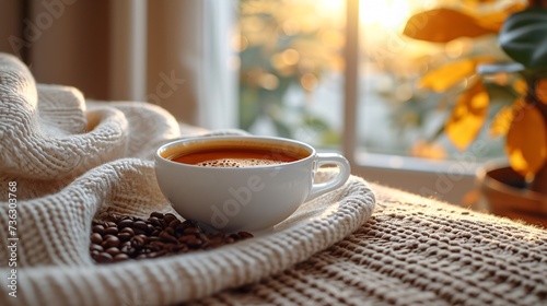 A steaming mug of coffee placed on a table with a white napkin beside coffee beans by a cushion.