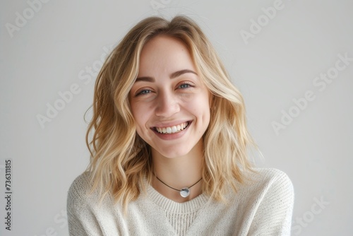 Smiling young blonde woman on a white background