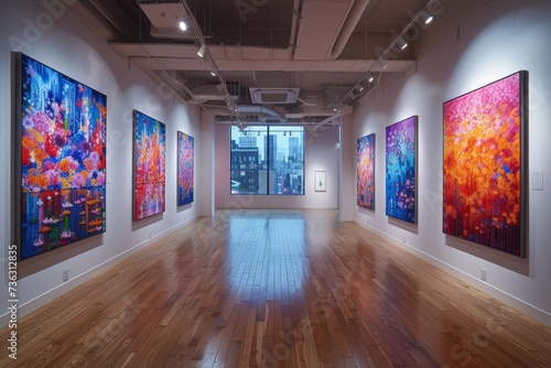 A captivating indoor space adorned with modern art, showcasing a diverse collection of paintings hung on the gallery walls, creating a visual feast for the eyes during the vernissage
