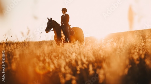 An equestrian riding through a field at sunset, showcasing the peaceful connection between horse and rider. Ideal for equine lifestyle magazines or outdoor leisure promotions.