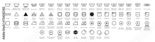 Laundry symbol, care label, clothes washing instruction icon vector set. Machine and hand wash advice symbols, fabric cotton cloth type for garment labels